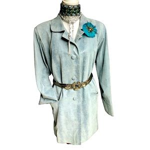 Vintage Custom Blue Reptile Embossed Long Leather Jacket. H2